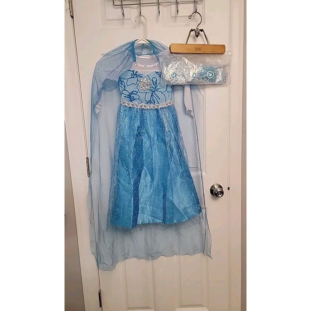 Frozen Costume New Queen Dress Up with Hair, Gloves, Wand, Necklace, Sz 3-4,